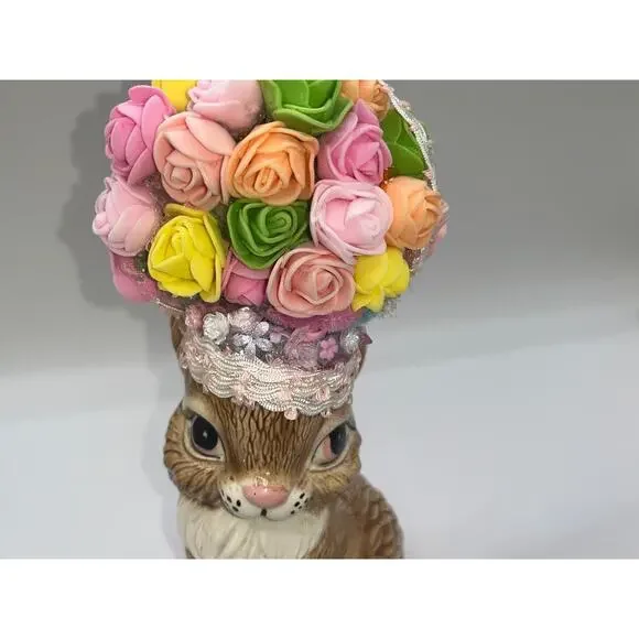 Vintage Ceramic Pretty Bunny Spring Bunny Floral Flower Hat Deb O. Original OOAK - Picture 14 of 16